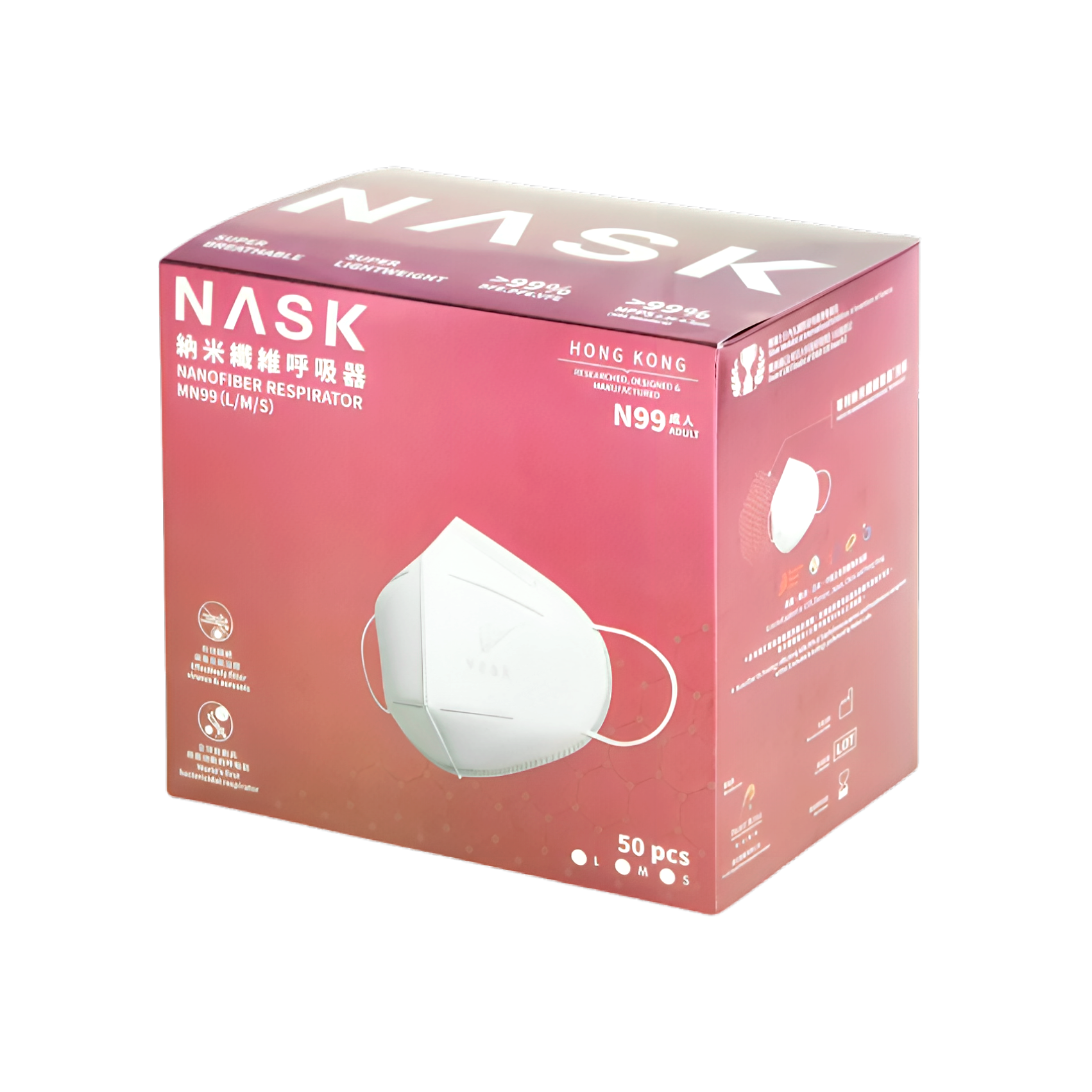 Nask Nanofiber N99 respirators for Adult in Large size, 50 pcs in box 